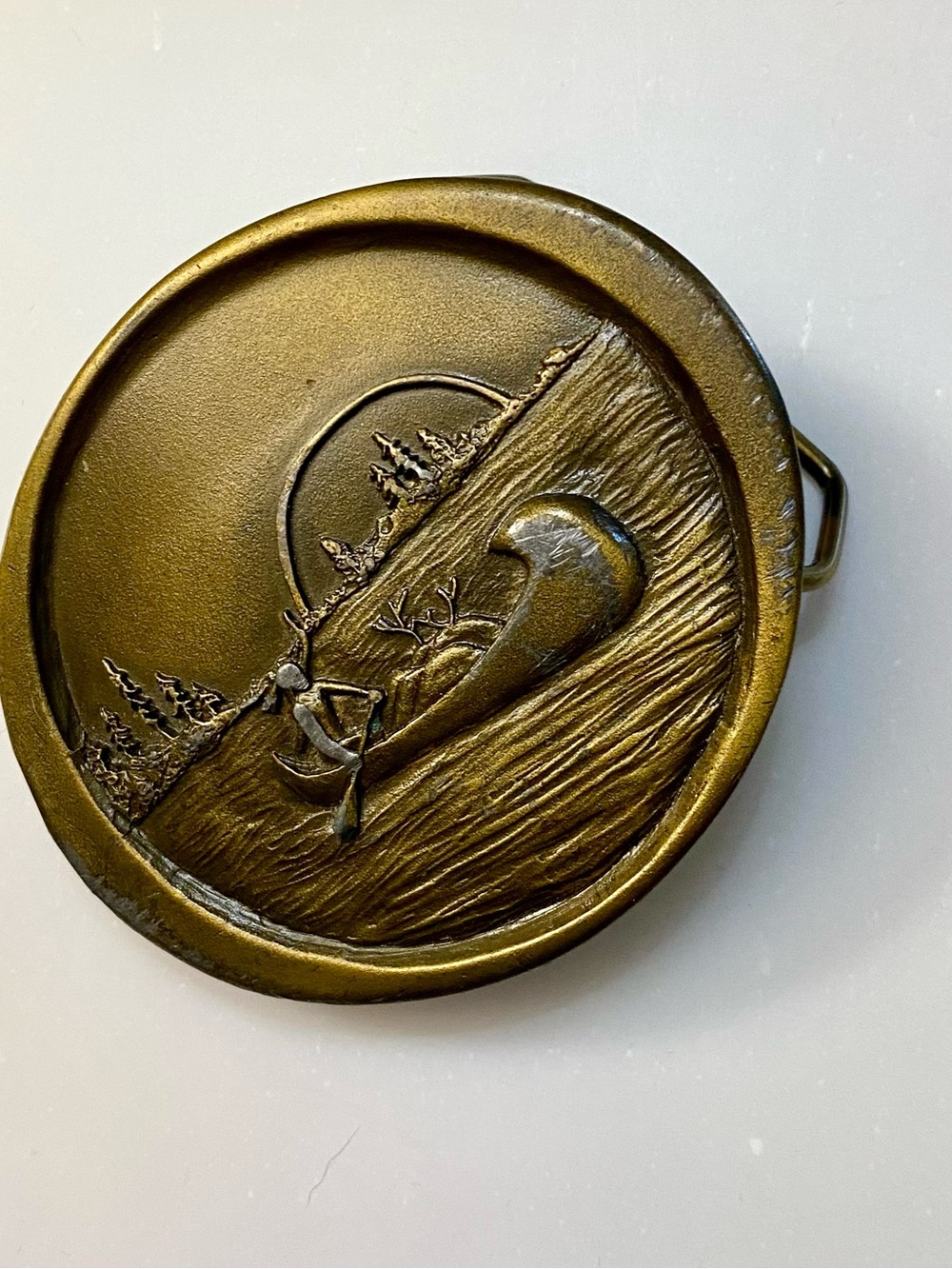 Bronze Canoe Scene Round Belt Buckle-Indiana Metal Craft 1976